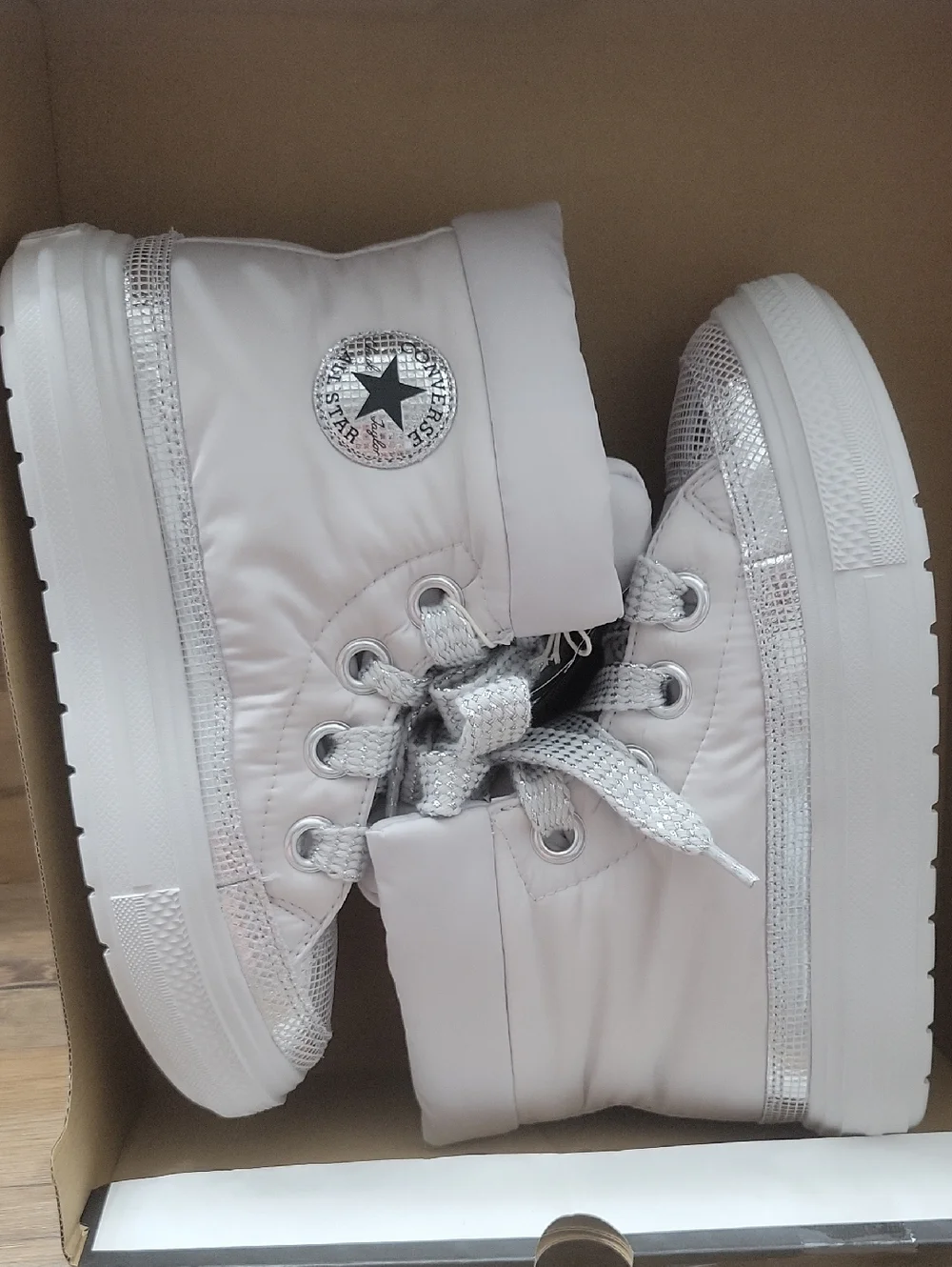 Converse White High-Top Kids Sneakers with Silver Accents
